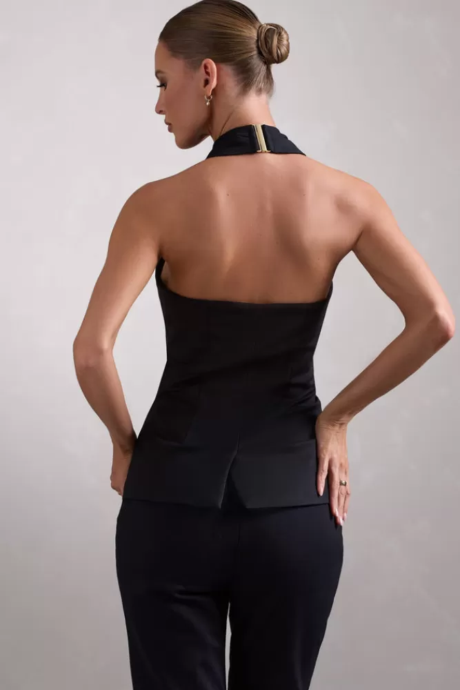 Club L London Remi | Cross Halter Neck Tailored Sleeveless Blazer Top BLACK Hot