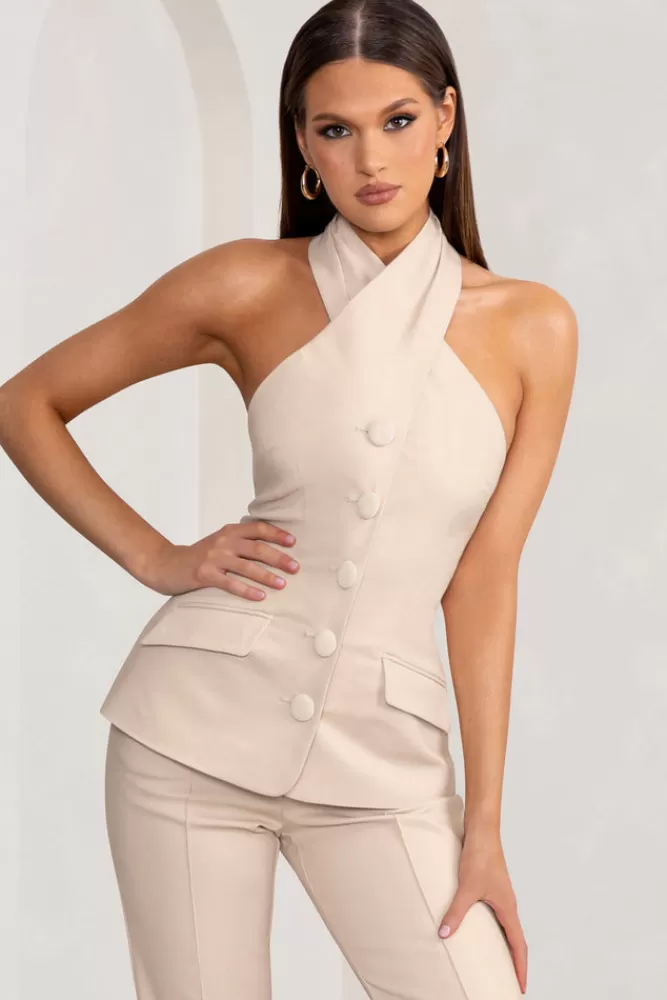 Club L London Remi | Cross Halter Neck Tailored Sleeveless Blazer Top STONE Best Sale