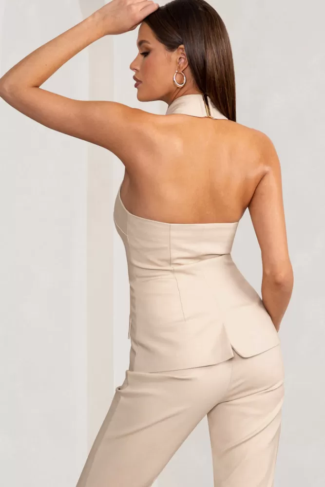 Club L London Remi | Cross Halter Neck Tailored Sleeveless Blazer Top STONE Best Sale
