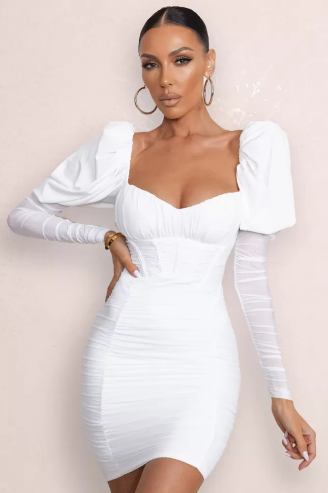 Club L London Reminiscent | Puff Sleeved Ruched Mini Dress White Best Sale