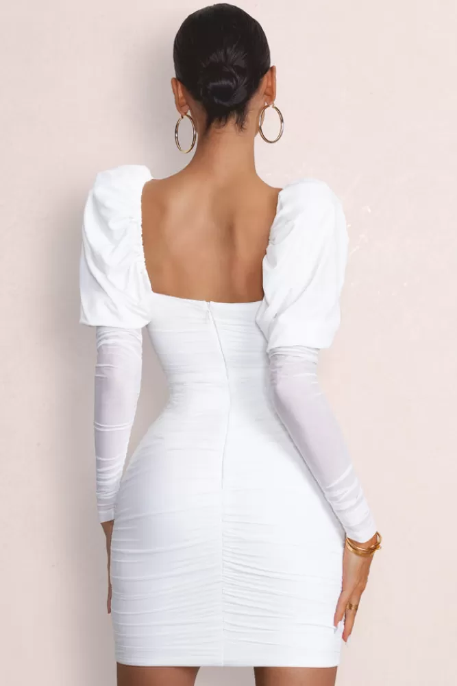 Club L London Reminiscent | Puff Sleeved Ruched Mini Dress White Best Sale