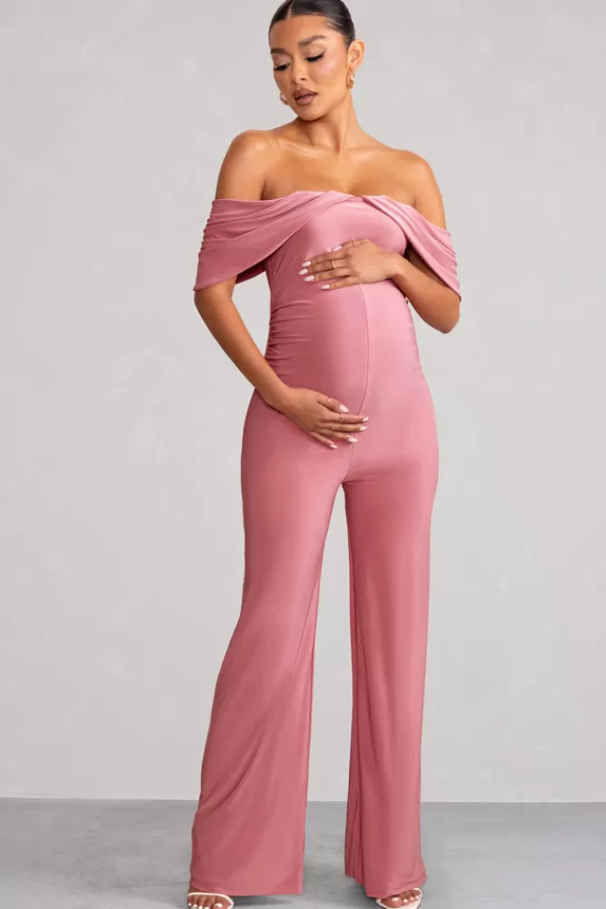 Club L London Renata | Pink Draped Sleeve Bardot Maternity Jumpsuit BLUSH Cheap