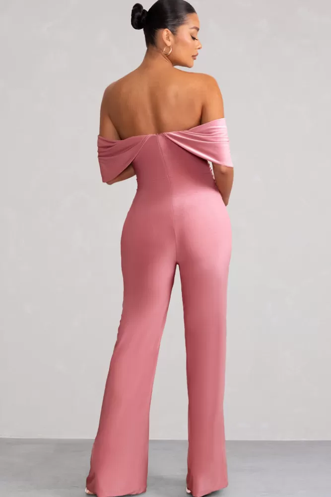 Club L London Renata | Pink Draped Sleeve Bardot Maternity Jumpsuit BLUSH Cheap