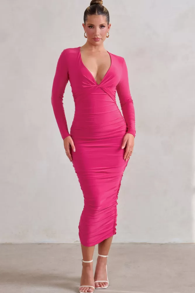 Club L London Renee | Hot Pink Plunge Twist Neckline Long Sleeve Ruched Midi Dress HOTPINK Store