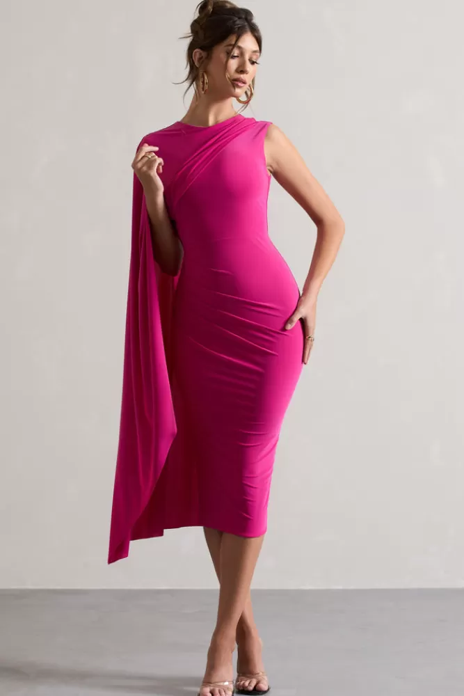 Club L London Reveal | Dark Pink One-Sleeve Cape Midi Dress BOUDOIRRED Flash Sale