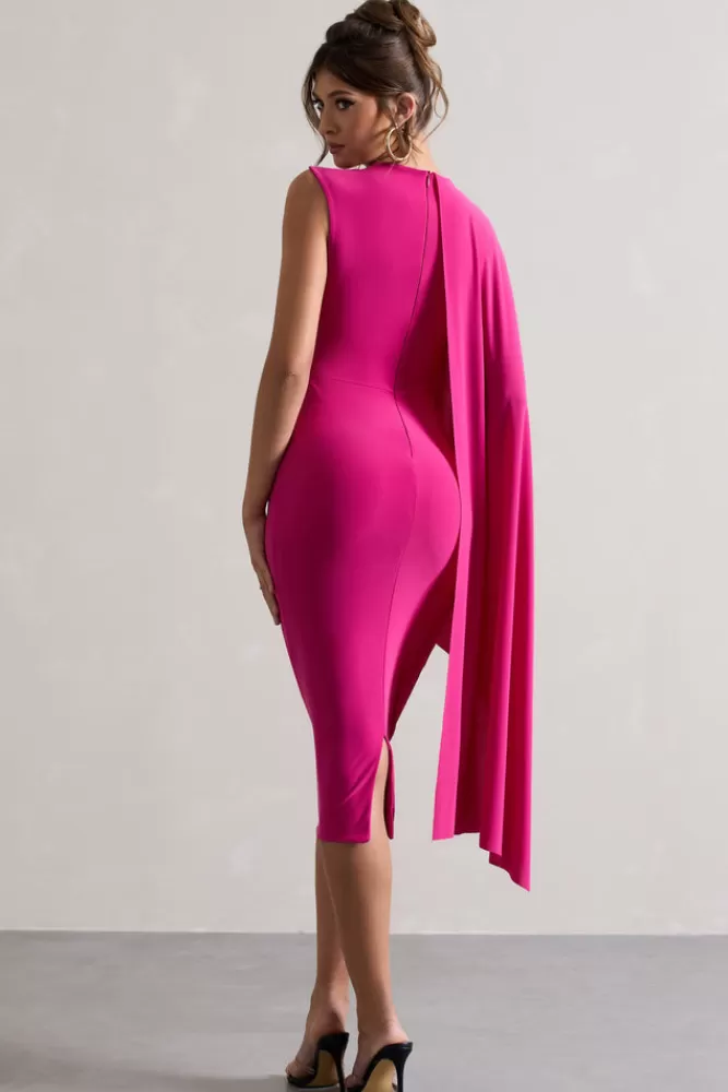 Club L London Reveal | Dark Pink One-Sleeve Cape Midi Dress BOUDOIRRED Flash Sale