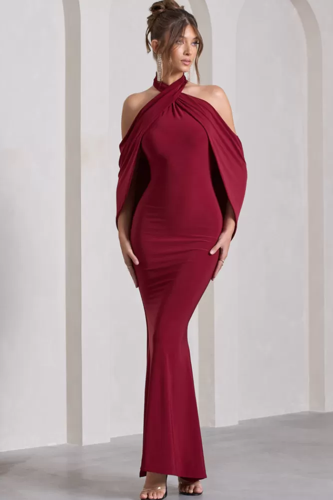 Club L London Revelation | Red Crossed Halter-Neck Fishtail Maxi Dress With Cape BERRY Sale