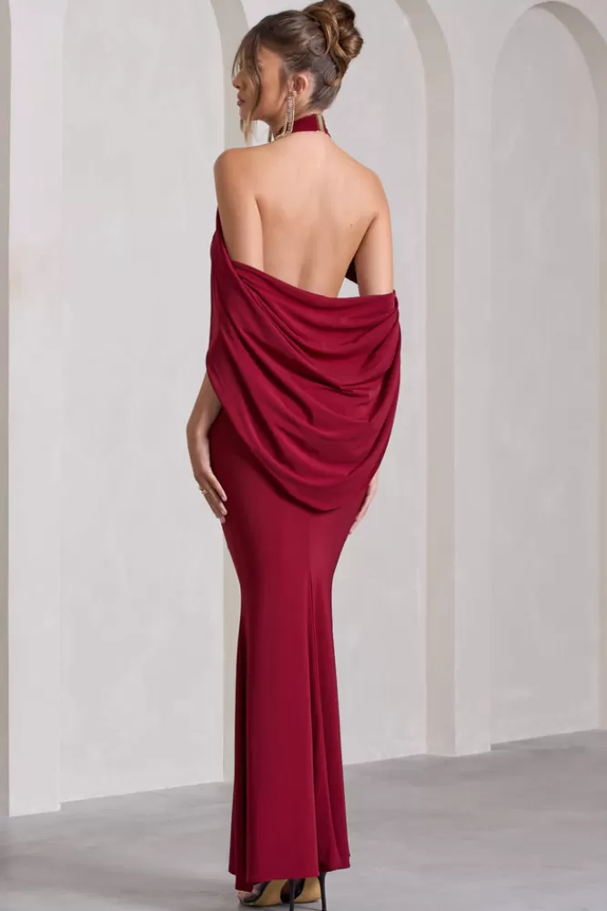 Club L London Revelation | Red Crossed Halter-Neck Fishtail Maxi Dress With Cape BERRY Sale