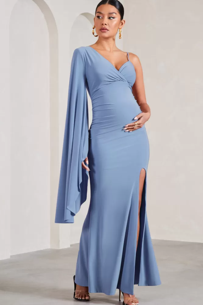 Club L London Rhea | Cornflower Blue V-Neck Split Maternity Maxi Dress With Cape Sleeve CORNFLOWERBLUE Shop