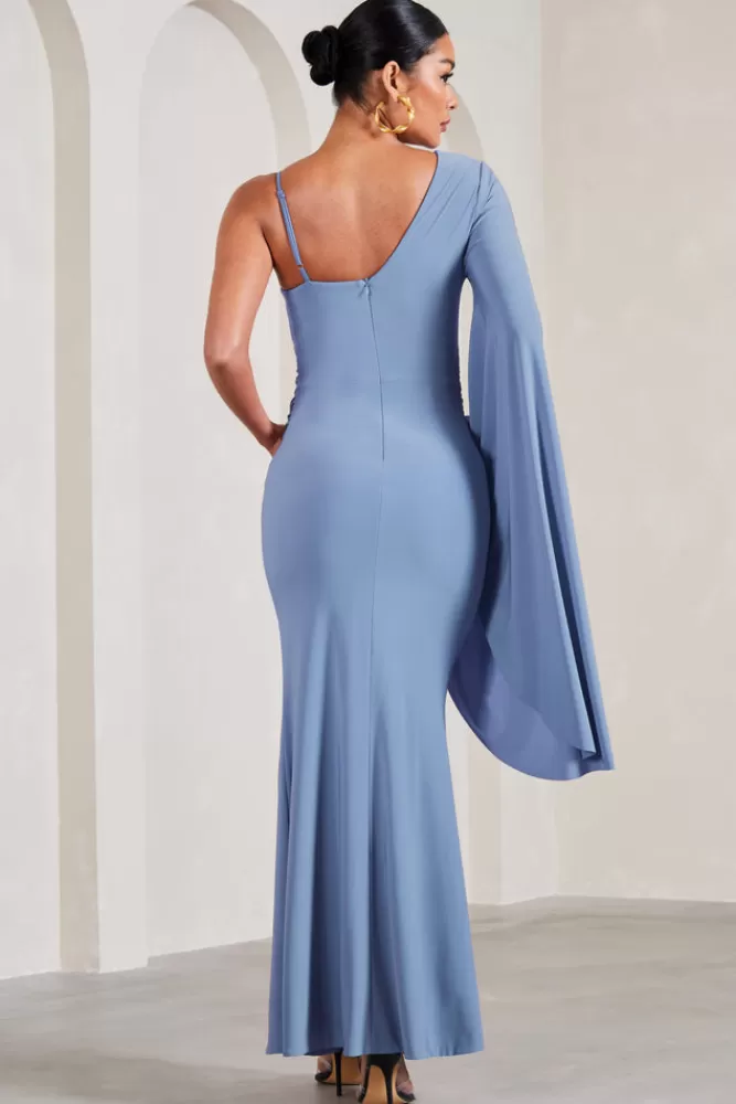 Club L London Rhea | Cornflower Blue V-Neck Split Maternity Maxi Dress With Cape Sleeve CORNFLOWERBLUE Shop
