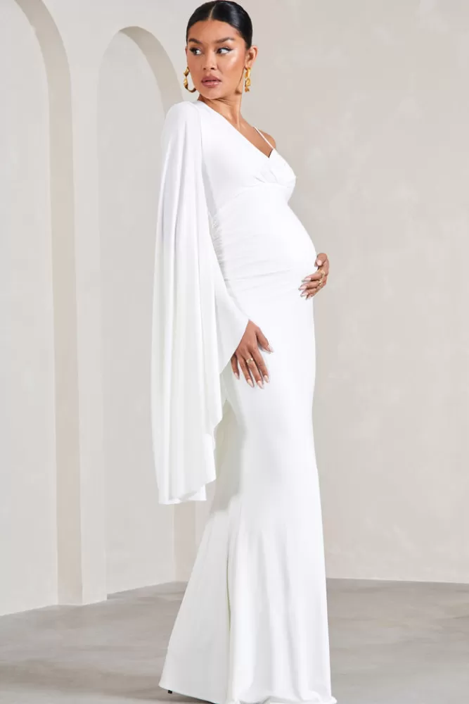 Club L London Rhea | V-Neck Split Maternity Maxi Dress With Cape Sleeve WHITE Fashion