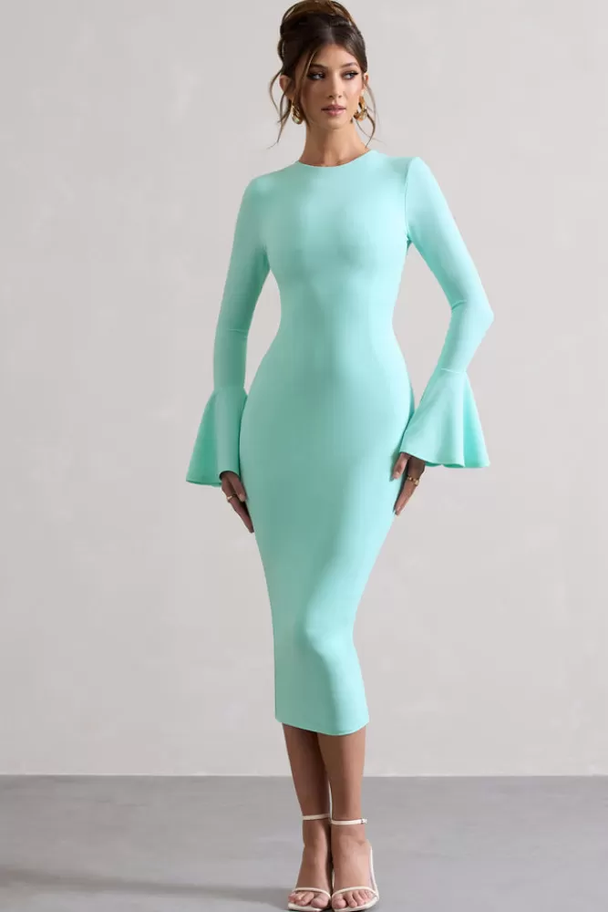 Club L London Rhyanne | Mint Bodycon Flared-Sleeve Midi Dress ICEDGREEN Hot