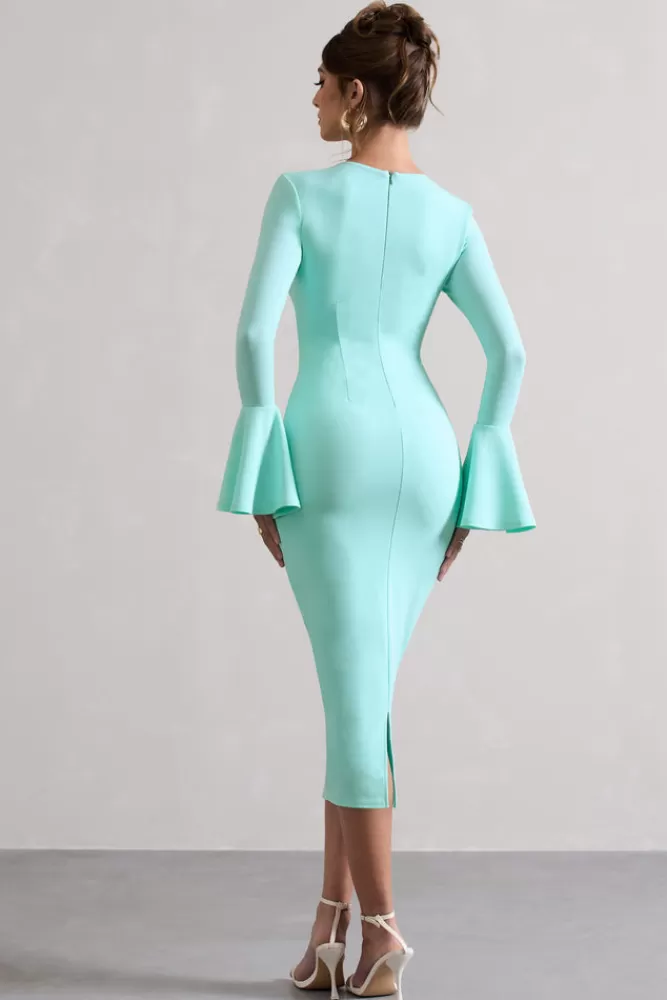 Club L London Rhyanne | Mint Bodycon Flared-Sleeve Midi Dress ICEDGREEN Hot