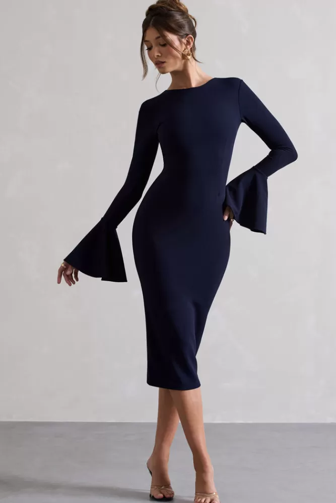 Club L London Rhyanne | Bodycon Flared-Sleeve Midi Dress NAVY Fashion