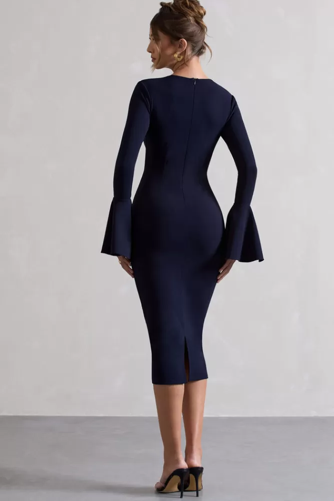 Club L London Rhyanne | Bodycon Flared-Sleeve Midi Dress NAVY Fashion