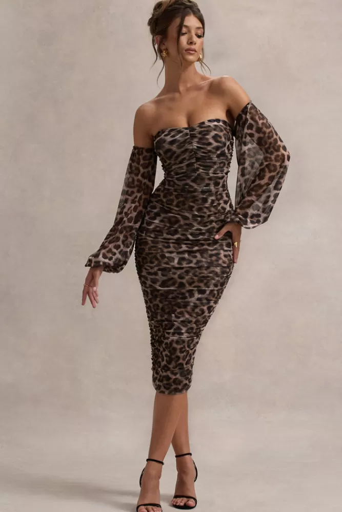 Club L London Rica | Leopard Print Bardot Puff-Sleeve Midi Dress LEOPARDPRINT Shop