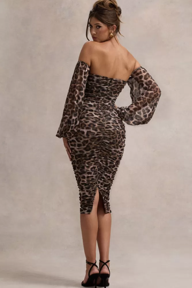 Club L London Rica | Leopard Print Bardot Puff-Sleeve Midi Dress LEOPARDPRINT Shop