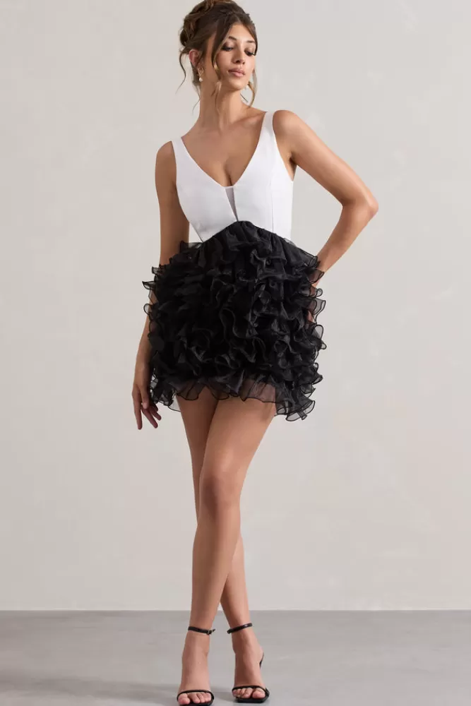 Club L London Riot | Black u0026 White Plunge-Neck Mini Dress With Organza Skirt WHITE/BLACK Best