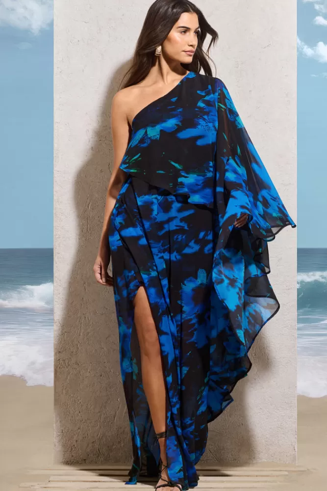 Club L London Ripple | Navy Floral Print Chiffon Oversized Asymmetric Maxi Dress NAVYFLORALPRINT Cheap