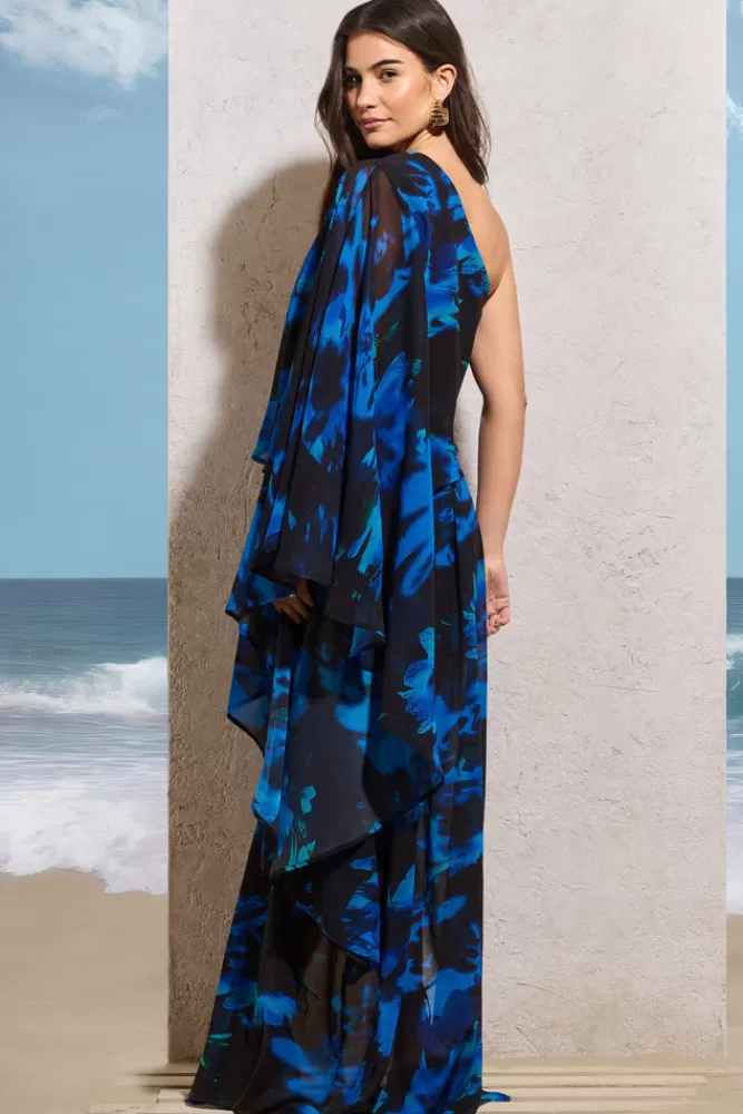 Club L London Ripple | Navy Floral Print Chiffon Oversized Asymmetric Maxi Dress NAVYFLORALPRINT Cheap