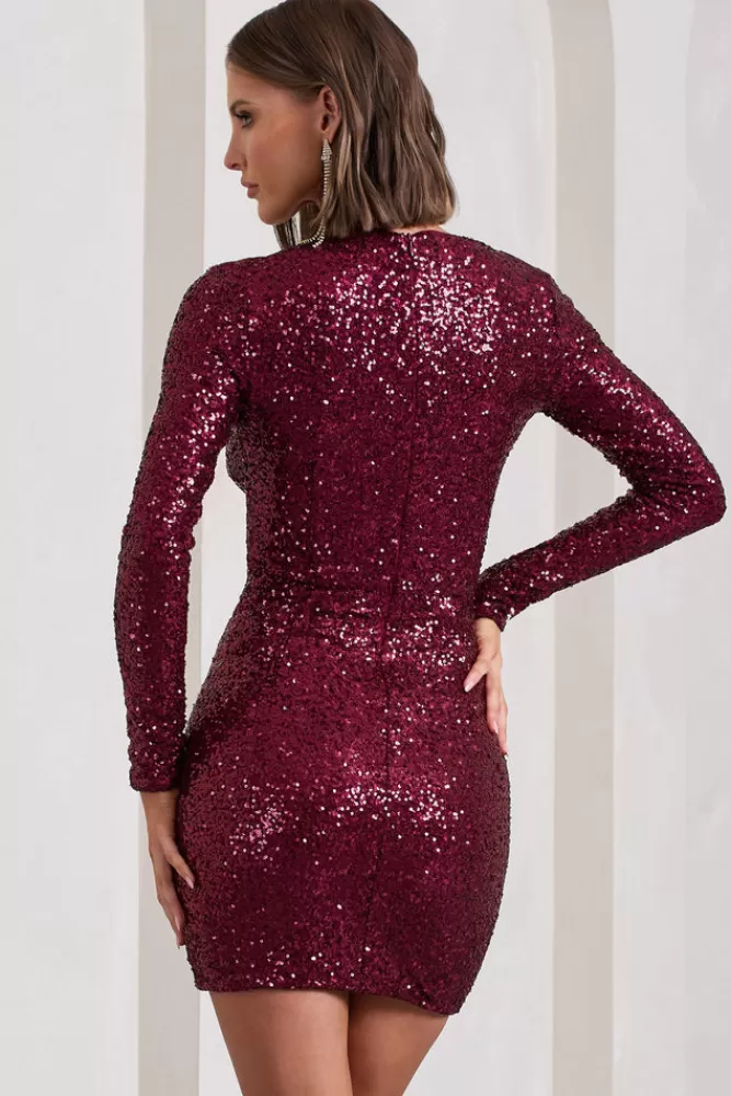 Club L London Rising Star | Sequin Long-Sleeved Twisted Mini Dress BURGUNDY Hot