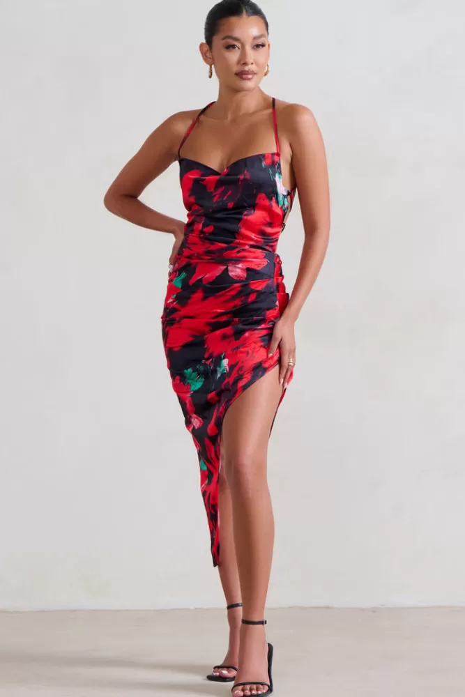 Club L London Risk It All | Black u0026 Red Floral Print Cami Cowl Neck Asymmetric Hem Dress MULTI Cheap