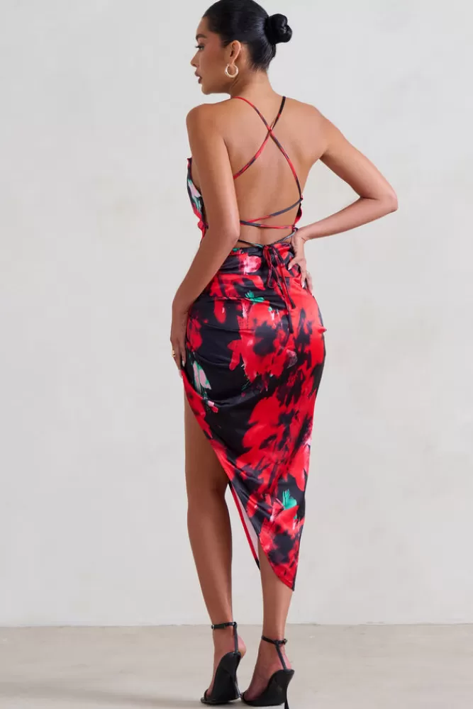 Club L London Risk It All | Black u0026 Red Floral Print Cami Cowl Neck Asymmetric Hem Dress MULTI Cheap