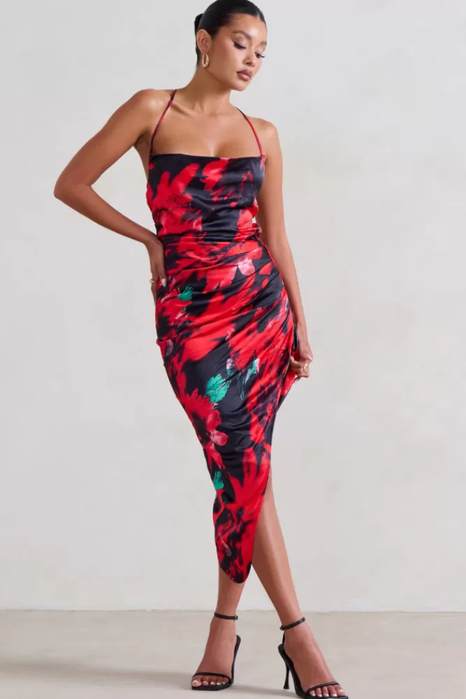 Club L London Risk It All | Black u0026 Red Floral Print Cami Cowl Neck Asymmetric Hem Dress MULTI Cheap
