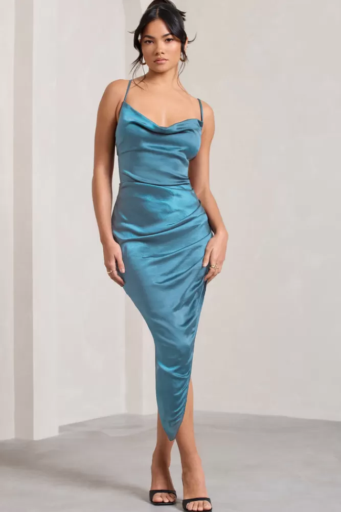 Club L London Risk It All | Cami Cowl Neck Asymmetric Hem Midi Dress BLUE Sale
