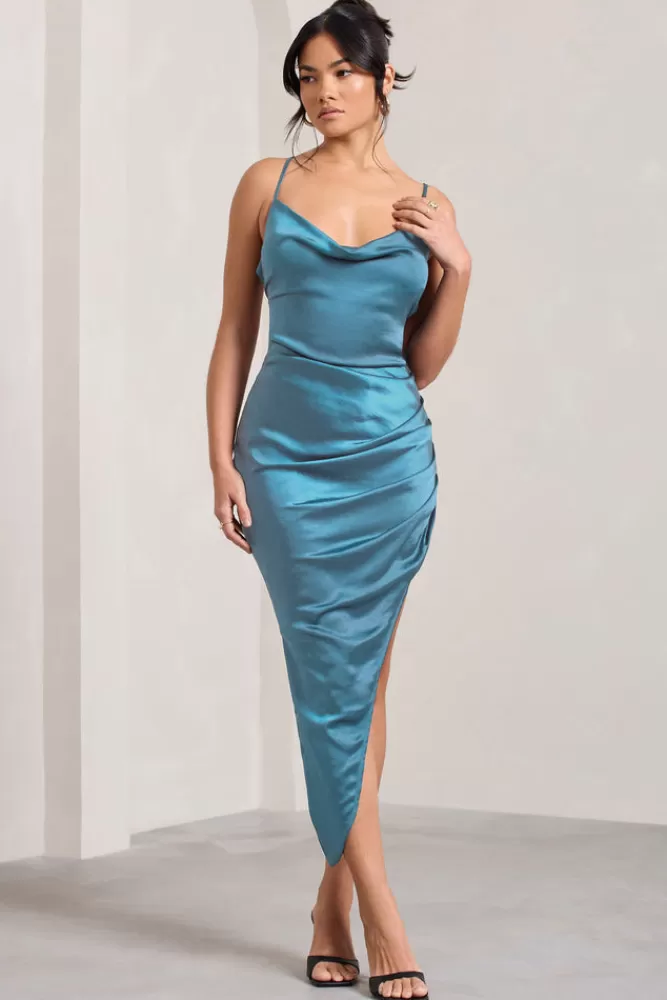 Club L London Risk It All | Cami Cowl Neck Asymmetric Hem Midi Dress BLUE Sale