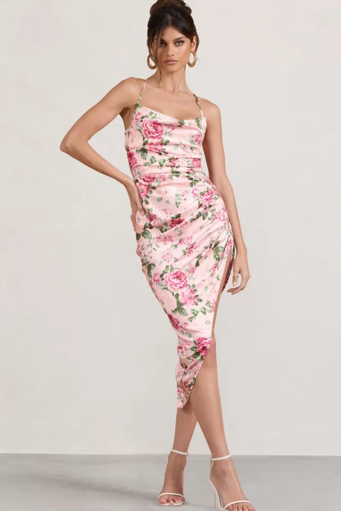 Club L London Risk It All | Blush Pink Floral Print Satin Cowl Asymmetric Midi Dress MULTI Discount