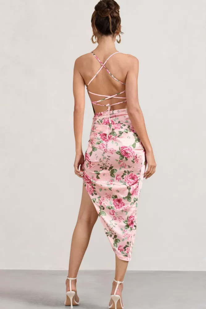 Club L London Risk It All | Blush Pink Floral Print Satin Cowl Asymmetric Midi Dress MULTI Discount