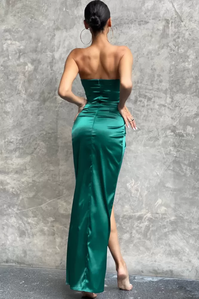 Club L London Romancing | Green Satin Bandeau Corset Detail Maxi Dress Teal Shop