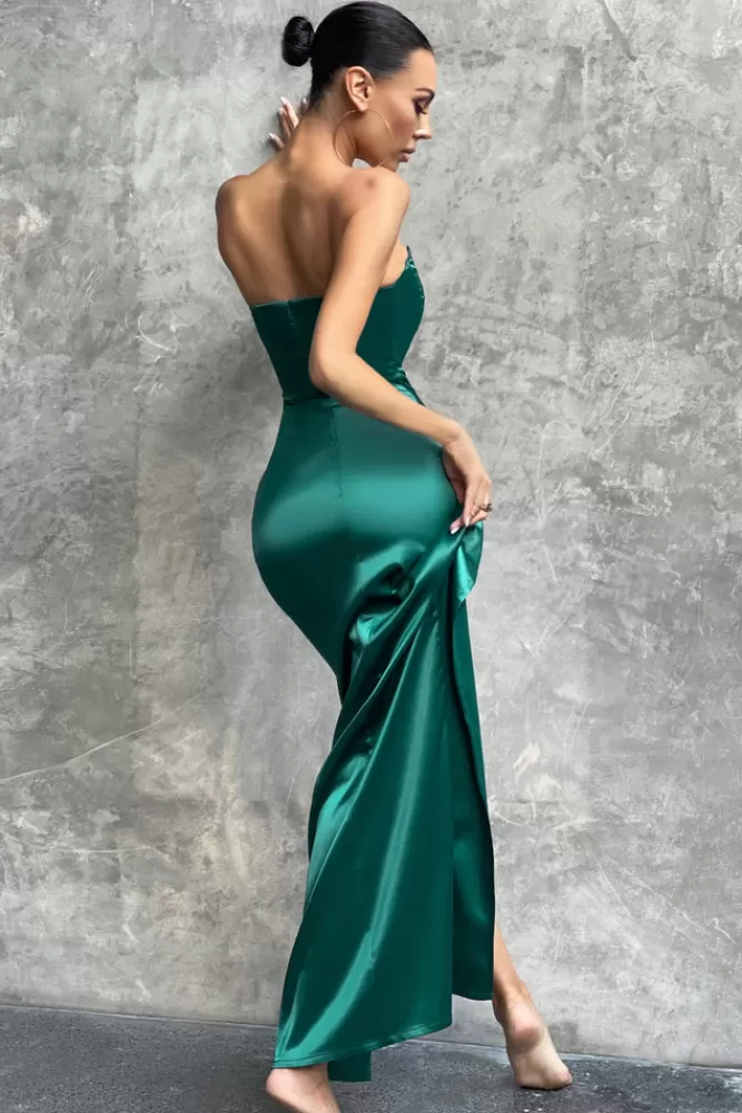 Club L London Romancing | Green Satin Bandeau Corset Detail Maxi Dress Teal Shop