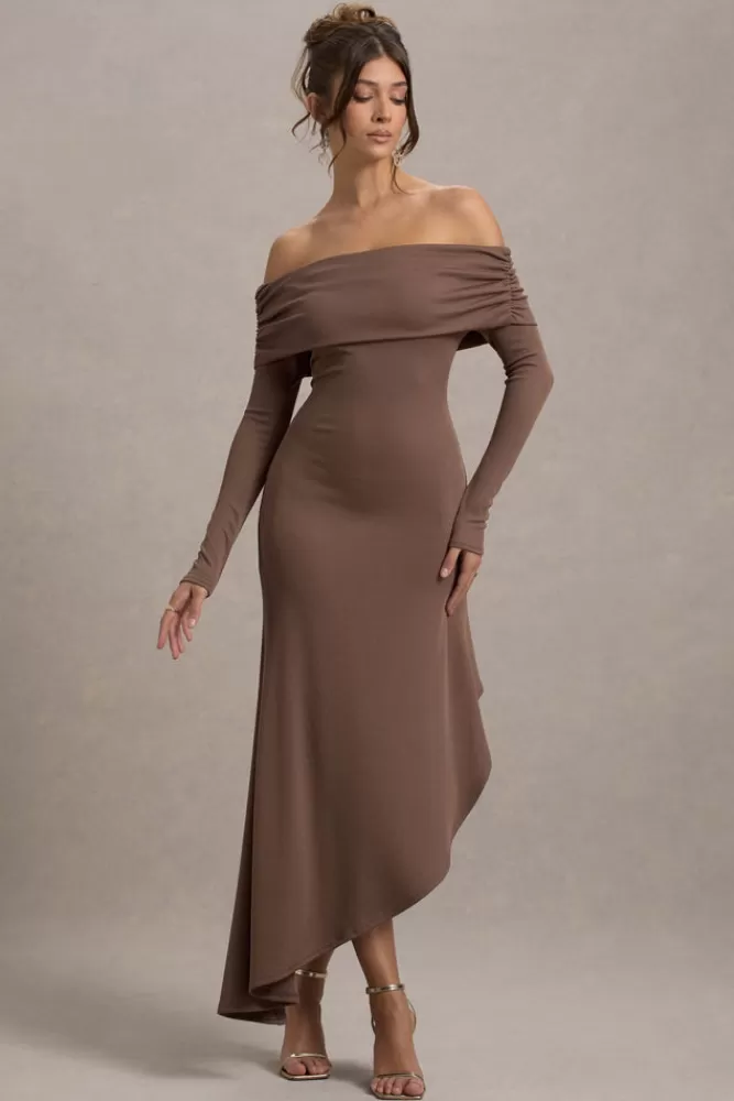 Club L London Romina | Rib Knit Bardot Maxi Dress With Asymmetric Hem MOCHA New