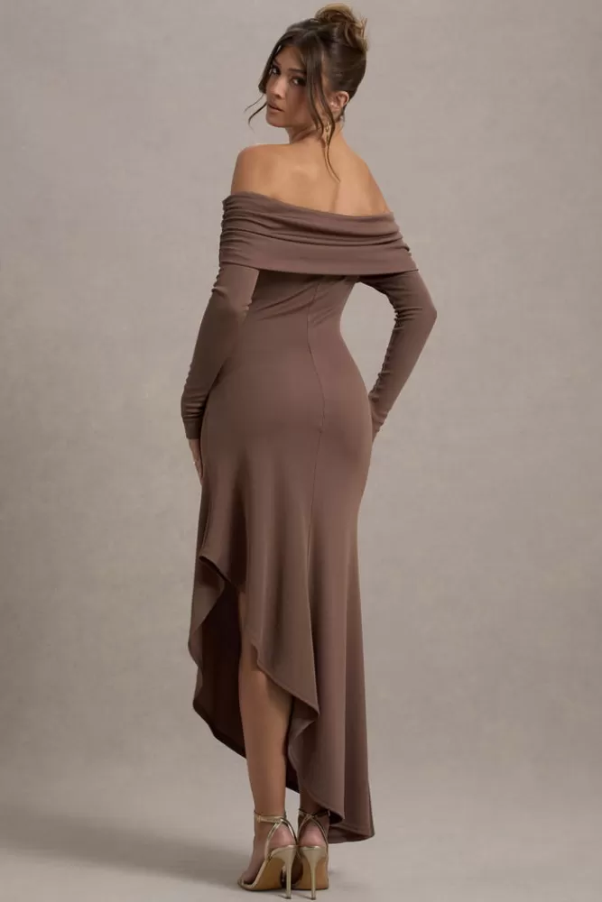 Club L London Romina | Rib Knit Bardot Maxi Dress With Asymmetric Hem MOCHA New