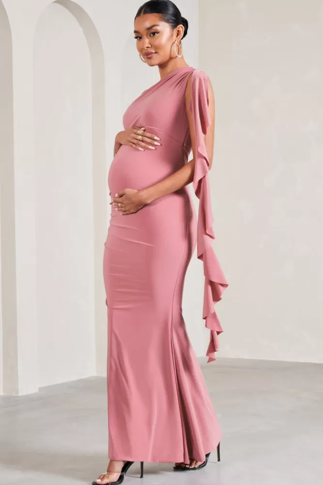 Club L London Rosalie | Blush Pink One-Shoulder Maternity Maxi Dress With Ruffles BLUSHPINK Best Sale