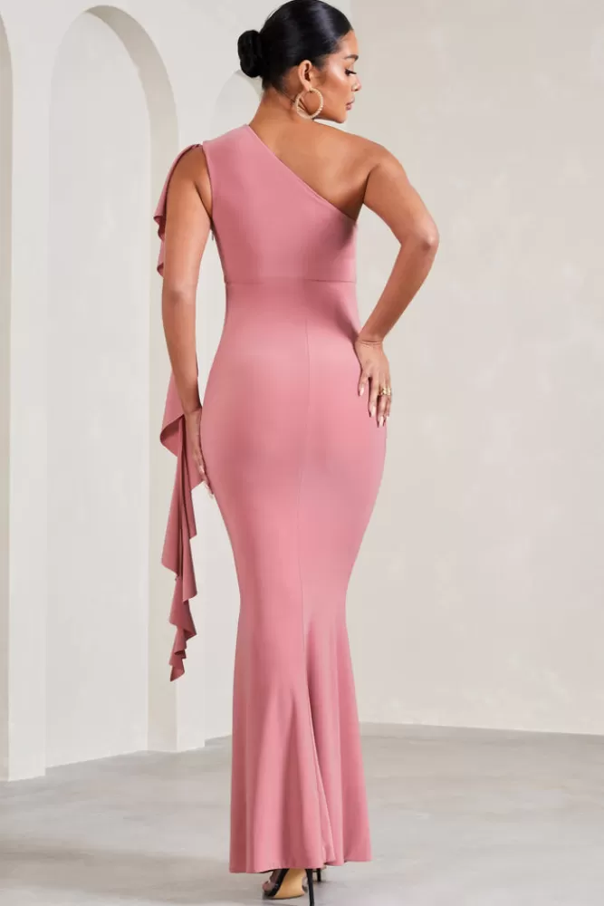 Club L London Rosalie | Blush Pink One-Shoulder Maternity Maxi Dress With Ruffles BLUSHPINK Best Sale