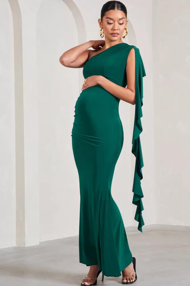 Club L London Rosalie | Bottle Green One-Shoulder Maternity Maxi Dress With Ruffles BOTTLEGREEN Best Sale