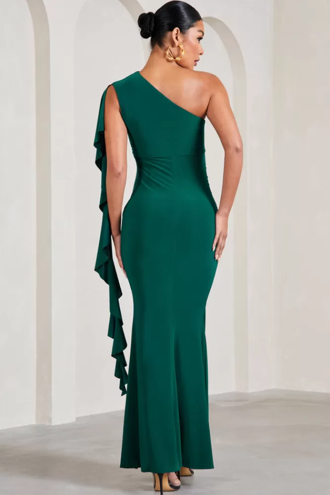 Club L London Rosalie | Bottle Green One-Shoulder Maternity Maxi Dress With Ruffles BOTTLEGREEN Best Sale