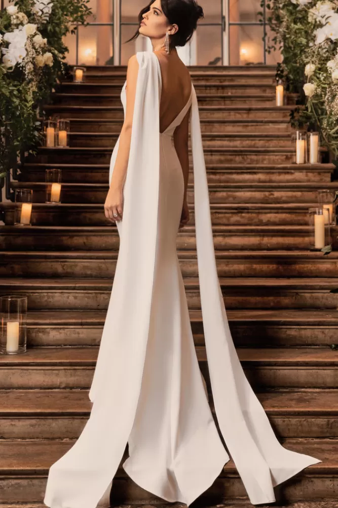 Club L London Rosaline | Plunging Fishtail Maxi Dress With Cape WHITE Clearance