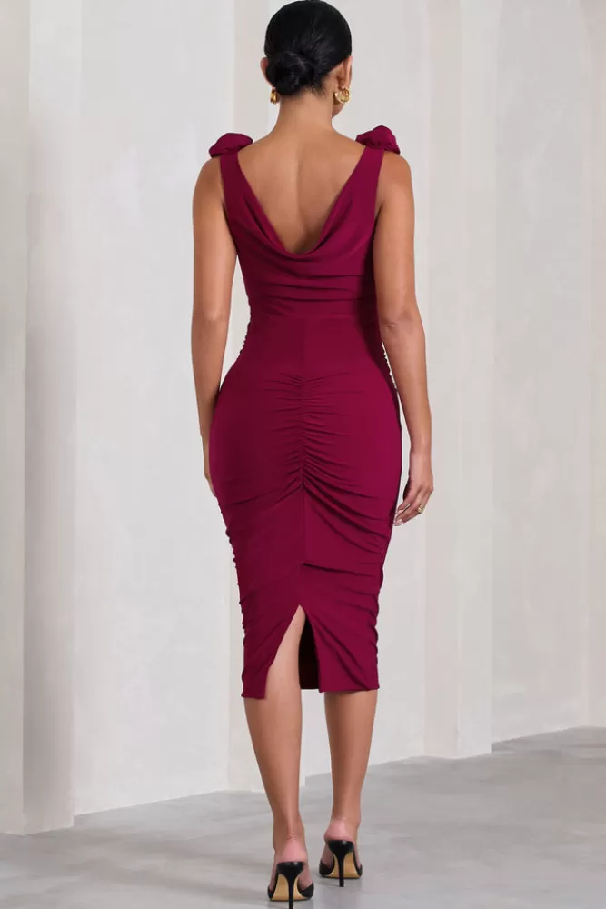 Club L London Rosy | Berry Cowl-Neck Maternity Midi Dress With Flowers DARKCHERRY Discount