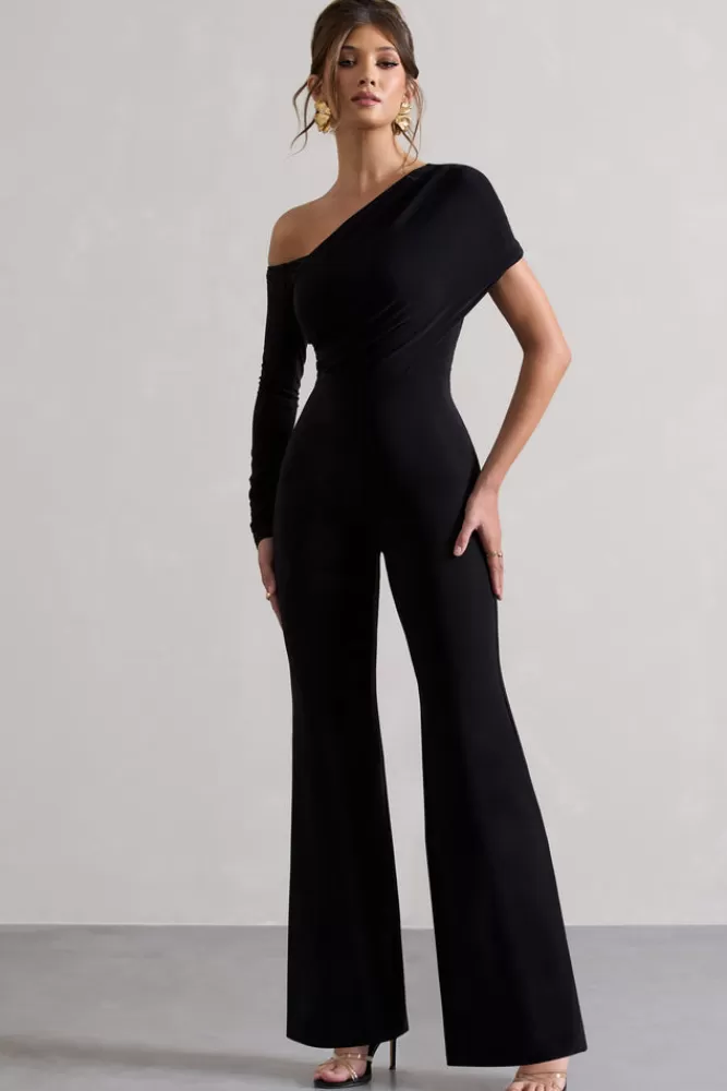 Club L London Rotate | Ruched Asymmetric Cut-Out Flared-Leg Jumpsuit BLACK Online