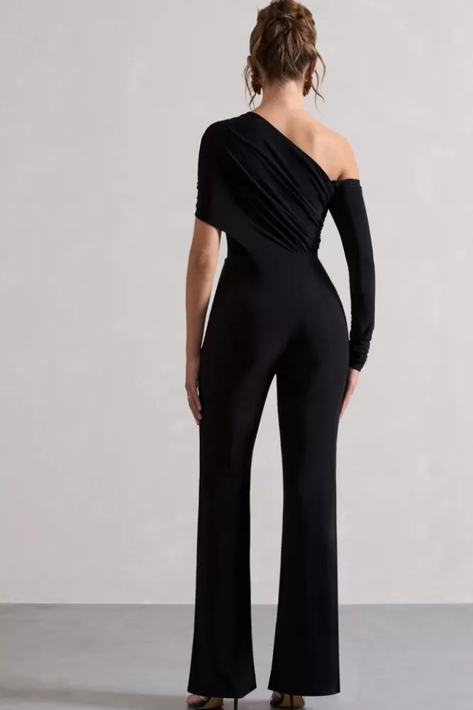 Club L London Rotate | Ruched Asymmetric Cut-Out Flared-Leg Jumpsuit BLACK Online