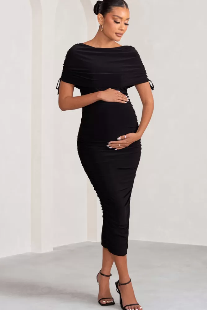 Club L London Roxanne | Ruched Bardot Maternity Midi Dress BLACK Flash Sale