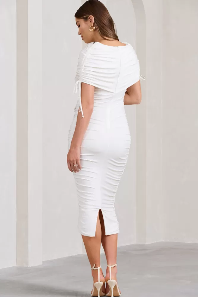 Club L London Roxanne | Ruched Bardot Maternity Midi Dress WHITE Shop