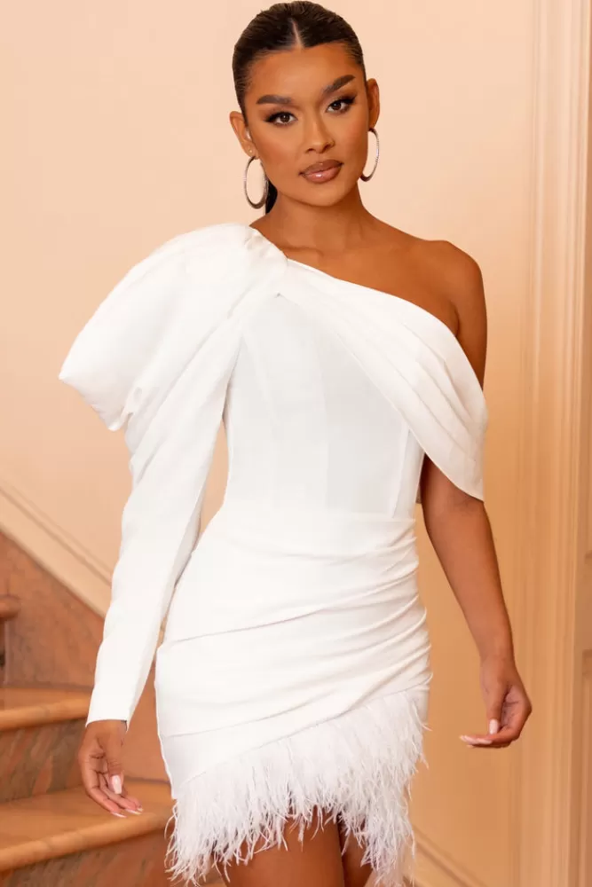 Club L London RSVP | Asymmetric Volume Sleeve Draped Feather Mini Dress Ivory Store