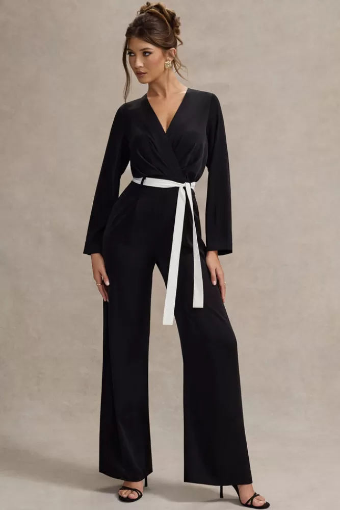 Club L London Ruba | Black Tailored Plunge Jumpsuit With Tie Waist BLACKANDWHITE Discount