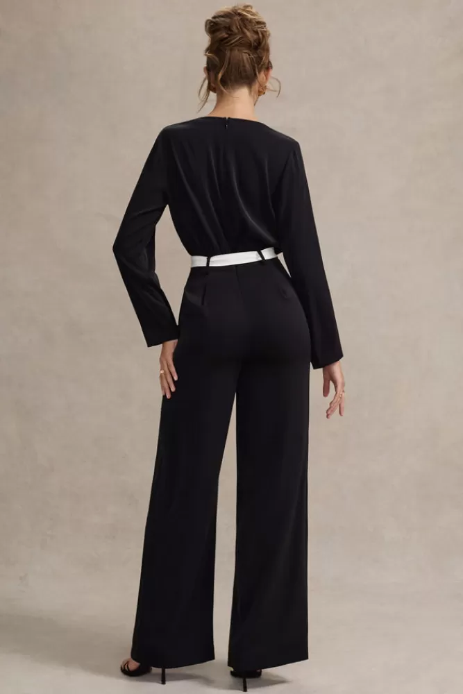 Club L London Ruba | Black Tailored Plunge Jumpsuit With Tie Waist BLACKANDWHITE Discount