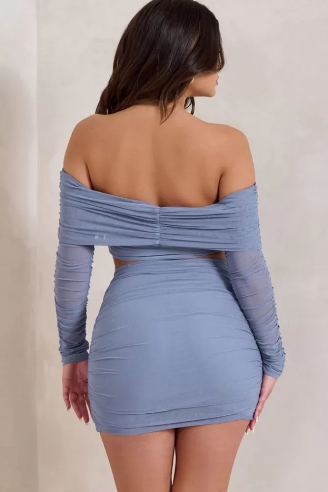 Club L London Rule Breaker | Cornflower Blue Ruched Mesh Bardot Crop Top CornflowerBlue Online